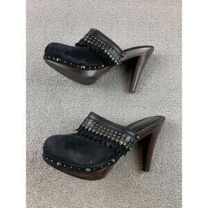 Isabella Fiore Suede Clogs Heel Shoes Womens 8 Made in Italy Fringe Studded